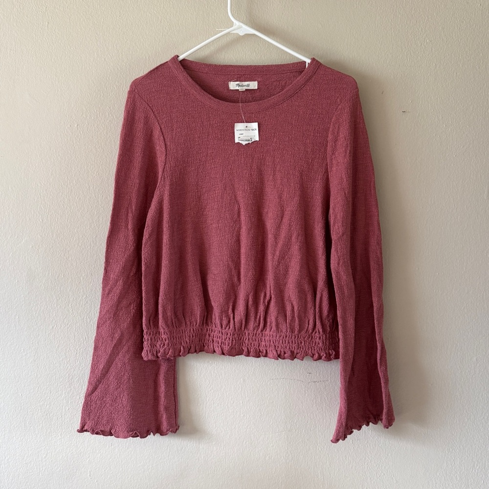 NWT Madewell Pink Smocked Bell Sleeve Top 100% Cotton Lettuce Edge size M